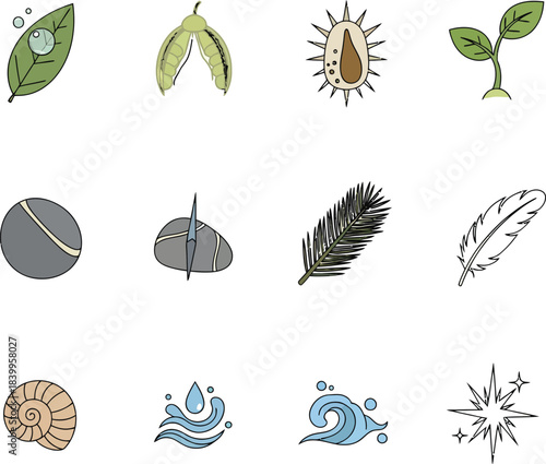 Thank-you icon set featuring tiny nature micro-elements like leaves, petals, seeds, droplets, stars, and minimal shapes