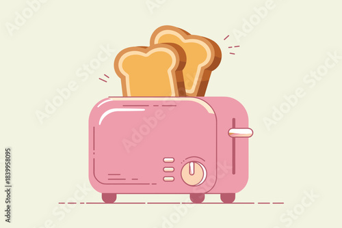 Two slices of toast popping out of a pink toaster on a flat surface viewed from the front