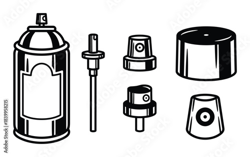 Aerosol can parts. Spray paint nozzle options. Container elements. Industrial design components.