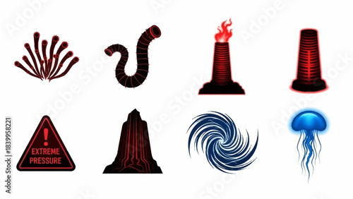 Vector art set of icons depicting nature scenes with vector graphics and icons