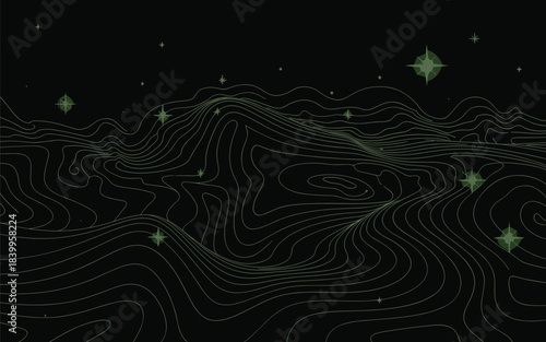 A topographic landscape with glowing green stars and wavy lines on a black background