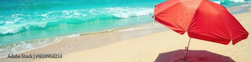 A vibrant red beach umbrella provides shade on a sunny beach, casting a shadow on the golden sand Perfect for summer vacation, relaxation, and seaside getaways , umbrella, coastline, sand