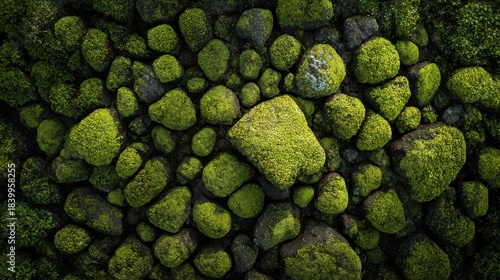 Moody aerial composition of dense moss-covered rocks with deep greens for natural texture backgrounds and eco design