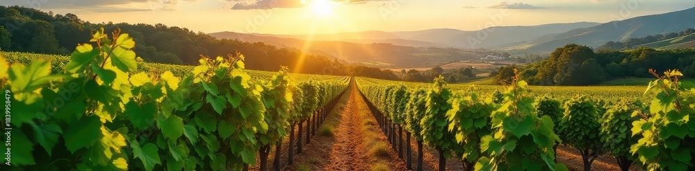 Naklejka premium Sun-drenched rows of grapevines stretching across a picturesque vineyard, ready for harvest Lush foliage and rolling hills create a stunning landscape , vineyard landscape, vineyard, winemaking