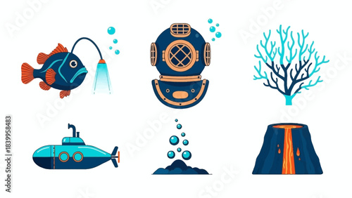 Vector art of a nature scene with an icon fish, submarine, and diver in a vector set.