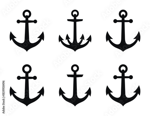 Anchor icon set. Various anchor designs for nautical, maritime, and sea-related themes.