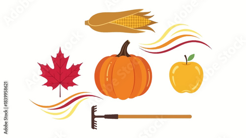 Vector art icon of a vibrant harvest scene featuring a pumpkin, corn, and autumn leaves in a nature vector set.