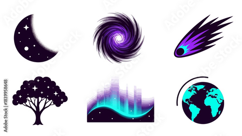 Vector art set of nature icons featuring a vector moon, tree, and cityscape at night with a swirling storm and meteor.