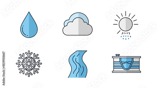 Nature vector art icon set depicting water cycle elements in various forms and states.