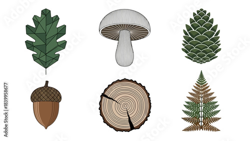 Vector art of a nature vector set featuring icon illustrations of forest elements.