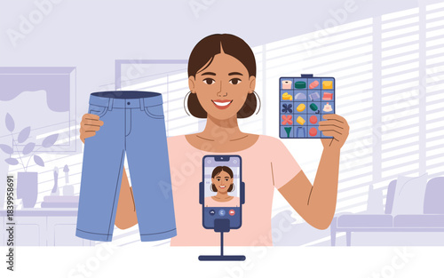 Woman holding jeans and phone with colorful wallpaper in a modern home setting