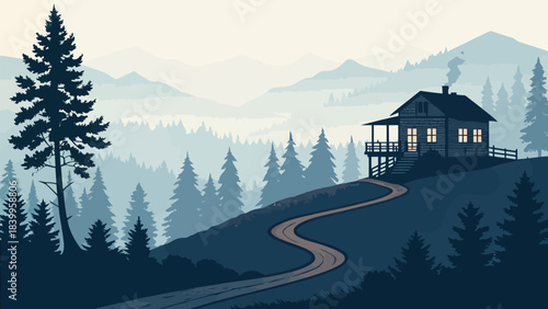 Cozy mountain cabin glows warmly along winding forest road under pale twilight sky