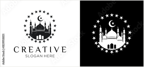 Elegant Mosque Logo Design with Crescent Moon and Stars.