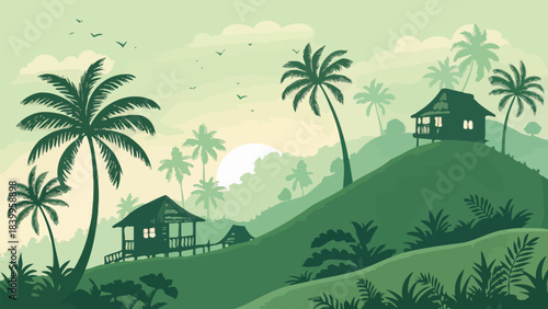 Stunning tropical sunset view with serene palm trees overlooking secluded hillside bungalows