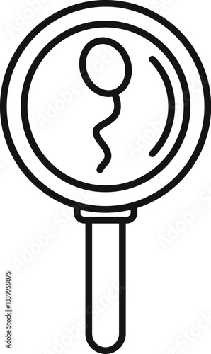 Magnifying glass examining a human sperm cell for fertility, reproduction, and conception