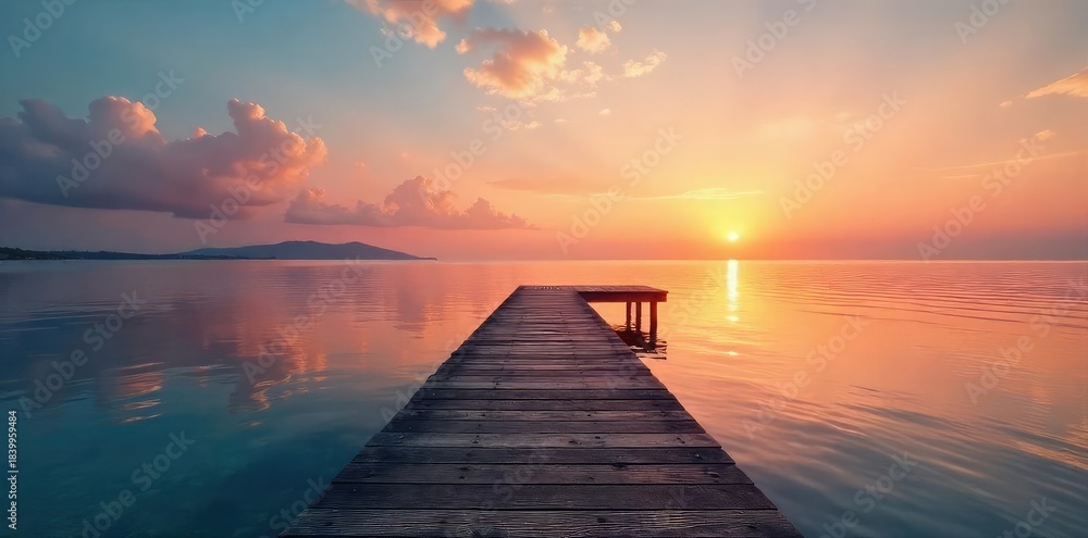 Obraz premium Tranquil scene of a wooden dock extending into calm waters, meeting a serene shoreline at sunset Perfect for travel, nature, and relaxation themes , natural, water