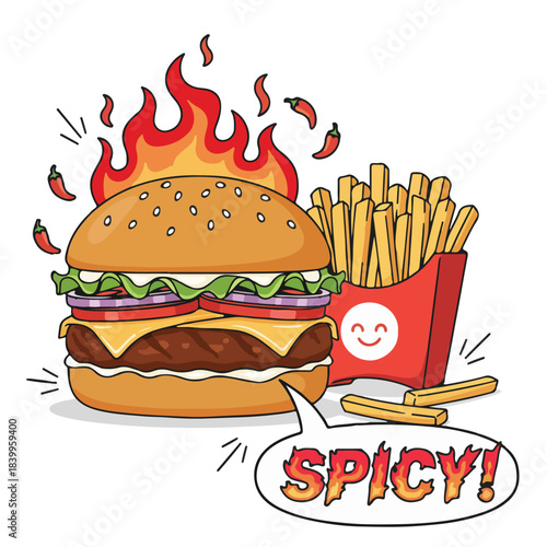 A colorful and appetizing illustration of a juicy spicy burger. The mouth-watering image features layers of a perfectly cooked patty, fresh vegetables, all nestled in a toasted bun. 