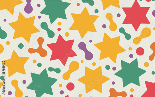 A vibrant pattern of colorful stars and shapes on a white background viewed from directly above