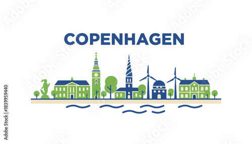 Copenhagen city skyline flat design travel vector illustration