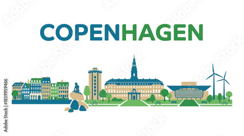 Copenhagen city skyline landmarks simple vector illustration