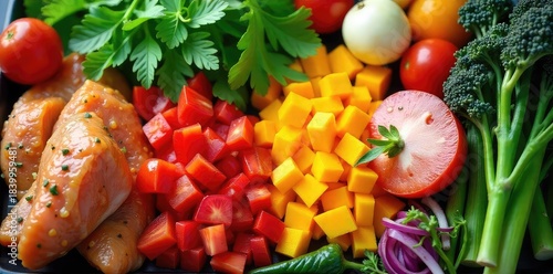 A vibrant assortment of chopped vegetables and pre-cooked proteins ready for meal assembly Perfect for healthy meal prepping or batch cooking Save time and eat well!, lunch prep, quinoa