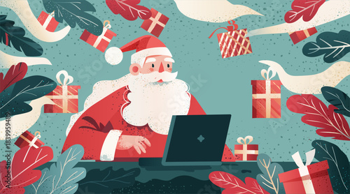 Santa Claus Christmas online celebration digital gifts laptop surrounded by festive leaves and presents modern flat style banner