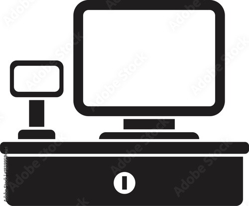 Simple black and white icon of a cash register, featuring a monitor and customer display, representing a modern pos system