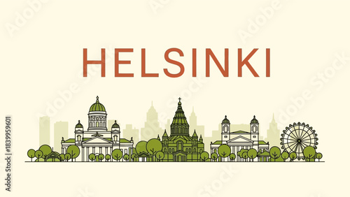 Helsinki city skyline travel landmarks vector illustration