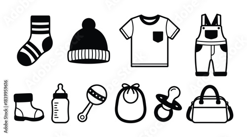 Baby clothes and accessories outline icon set. Newborn items vector illustration. Childcare elements.