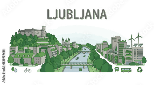 Ljubljana skyline sustainability city green vector illustration