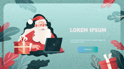 Santa Claus Christmas online celebration laptop gift boxes festive winter leaves website landing page pastel blue red