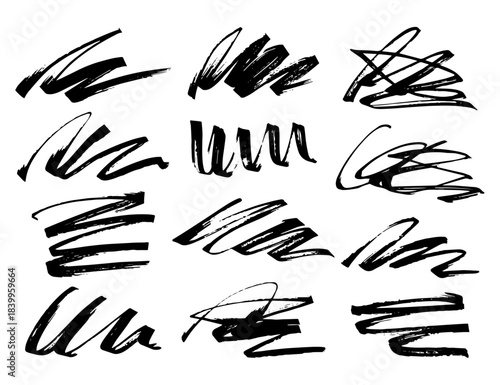 手書きのブラシストローク素材のセット、かすれ、アナログ質感