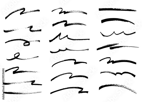 手書きのブラシストローク素材のセット、かすれ、アナログ質感