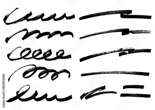 手書きのブラシストローク素材のセット、かすれ、アナログ質感