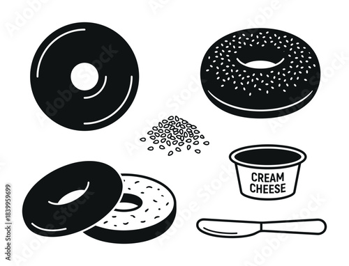 Bagel and cream cheese set of silhouettes. Plain, sesame, sliced bagel with knife. Breakfast food.