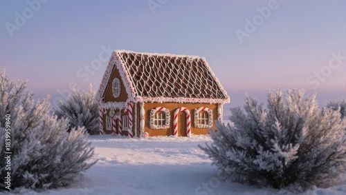 Gingerbread House in a Winter Wonderland with Frosted Bushes and Snow.