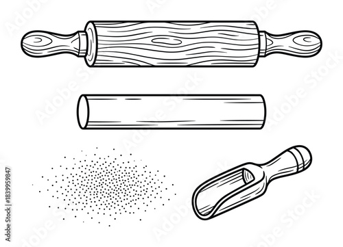Bakery kitchen tools set. Rolling pin. Flour scoop. Flour for dough cooking. Baking vector illustration.