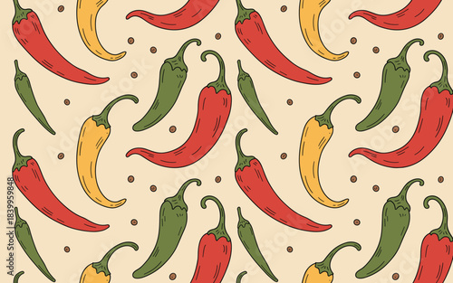 A vibrant pattern of red, green, and yellow chili peppers on a beige background with small brown dots, viewed from directly above.
