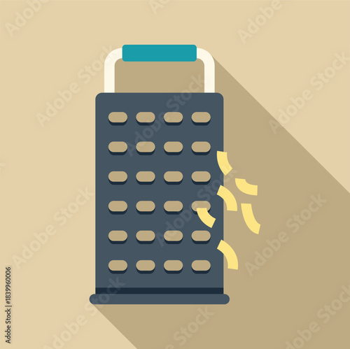 Grater grating cheese with cuts falling down in flat design and long shadow