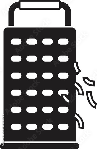 Black and white icon of a grater slicing vegetables, useful kitchen utensil for cooking and preparing food
