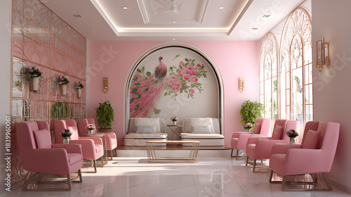 Design for nail art studio interior design for back wall with pink tone with rose gold for wall arch shape.
