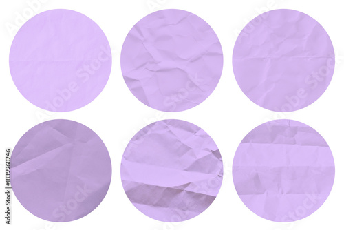 collection of purple mockup round crumpled stickers set, purple paper, adhesive or labels, wrinkled plastic stickers on transparent background, blank template of labels or price tags. clipping path.