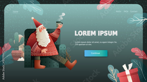 Santa relaxing Christmas celebration cozy armchair winter plants gifts festive background website template