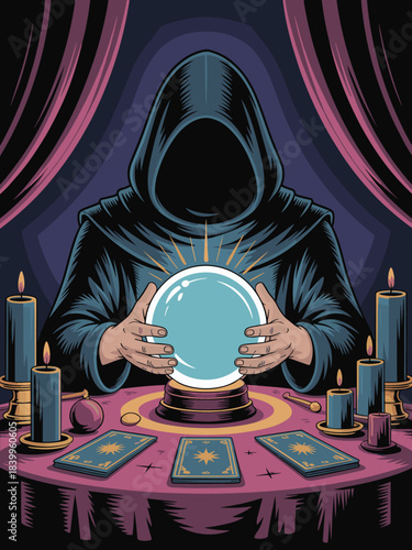 Mysterious figure revealing mystical insights through crystal ball in dimly lit chamber surrounded by candles and tarot cards