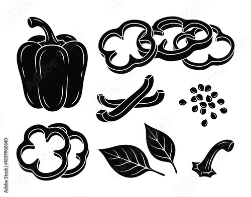 Bell pepper whole, sliced, and seeds set. Food, vegetable, cooking, healthy, organic, ingredient, spicy, fresh, raw, plant