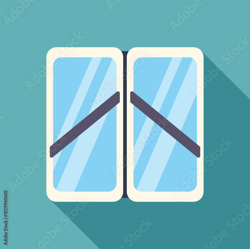 Closed automatic sliding doors of a modern train or bus, reflecting light on a teal background