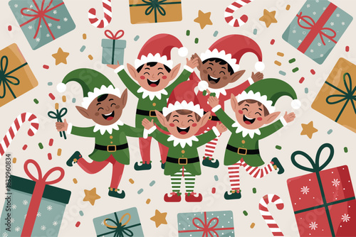 Four elves celebrating with joy and gifts in a festive atmosphere surrounded by colorful presents and decorations