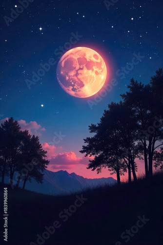 Silhouetted trees against a star-filled night sky, bathed in the soft glow of the moon A sense of serenity and spiritual reflection pervades the scene , peaceful, dreamy