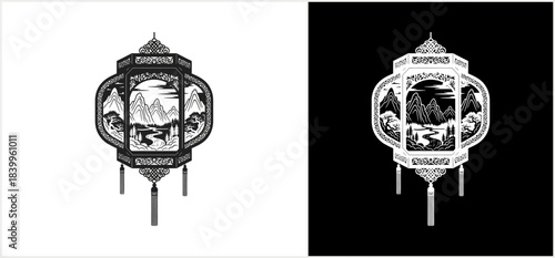 Traditional Asian lantern with intricate nature scene design.