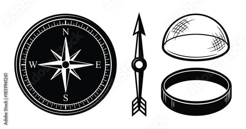 Black and white compass rose needle and dome elements vector set for navigation and exploration.